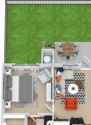 Lady Bird with Fenced-in Yard 3D Lady Bird 1 bedroom apartment with fenced-in yard. Kitchen with bartop open to living area. 1 full bath. Expansive walk-in closet. Patio/balcony.
